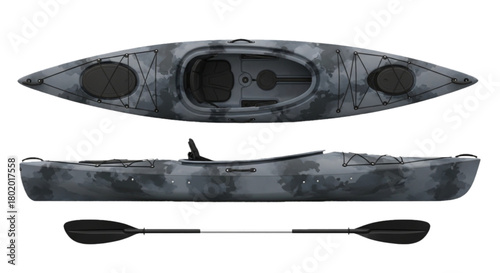Black camouflage kayak and paddle set isolated on transparent background.