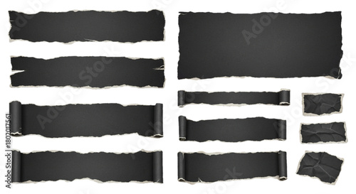 Realistic dark torn paper pieces and scrolls, isolated on transparent background.