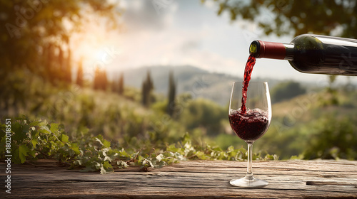 Red wine pouring into a glass on a rustic wooden table with a scenic vineyard sunset backdrop.