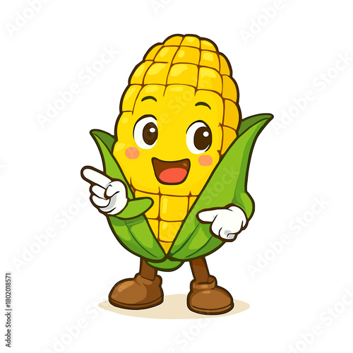 A cheerful cartoon corn cob mascot points out