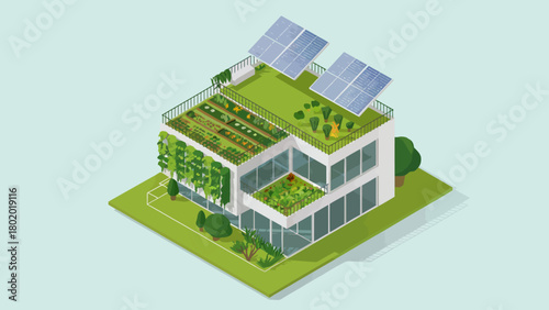 Sustainable Green Living Modern Home with Solar Panels and Garden Roof for Eco Friendly Lifestyle and Energy Efficiency