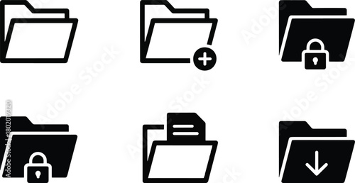 Monochrome File Folder, Document Management, and Security Icon Set