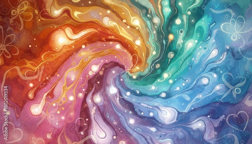 Vibrant Swirling Colors Rainbow Gradient With Golden Glitter And Hearts Abstract Background