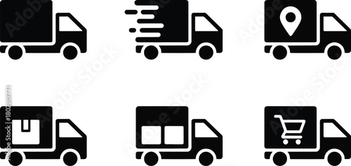 Black Silhouette Delivery Truck, Fast Shipping, and Logistics Icon Set