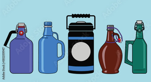 Collection of diverse growlers and bottles for beverages