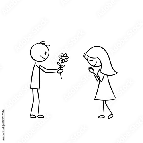 Man Giving Flower to a Woman A Simple Drawing Depicting Romance and Affection