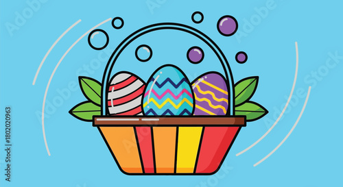 Colorful decorated Easter eggs nestled in a festive basket with a bright blue background
