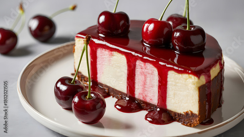 Delicious slice of cherry cheesecake drizzled with sauce and fresh cherries
