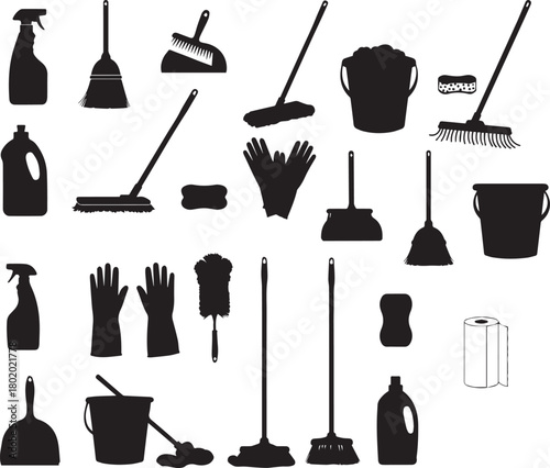 Cleaning tools silhouette icon set with mops, buckets, gloves, sprays, and supplies.