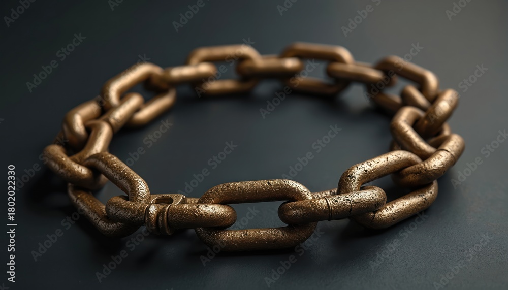 Obraz premium Thick metal chain forms a circle on dark background. Interlocking links appear strong and industrial. This connection symbol offers security or constraint metaphor.
