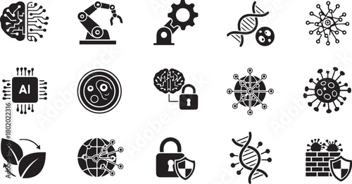 Set of technology, AI, biotechnology, and security silhouette icons. Modern science concept.