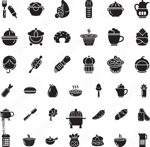 Cooking and kitchen vector icon set silhouettes: pots, pans, utensils, and food elements.