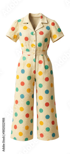 A vintage polka-dot coverall perfect for a garden party.