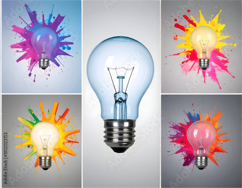 A playful mix of lightbulbs surrounded by energetic paint splashes, presenting a lively fusion of color, innovation, and artistic imagination on clean modern backgrounds.