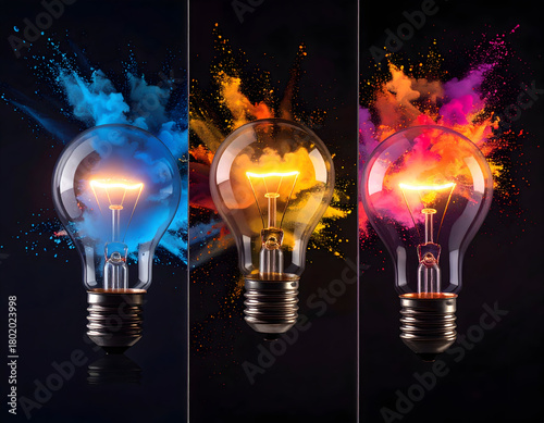 Striking lightbulbs set against dark backgrounds, each igniting clouds of vivid pigment, capturing the moment creativity sparks with dramatic color and intensity.