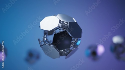 A geometric, metallic sphere of interconnected hexagonal plates floats against a blue-purple gradient