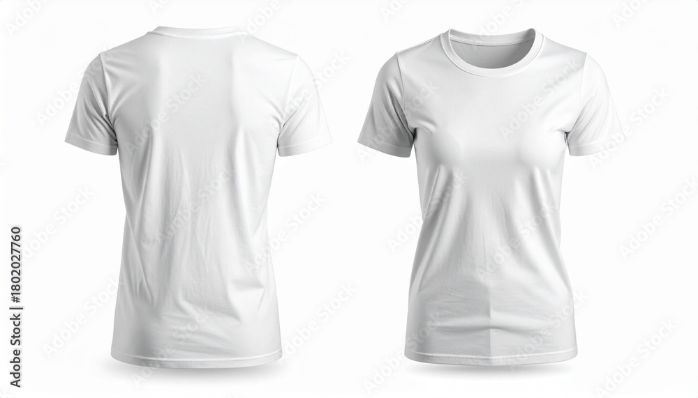 Naklejka premium Front and back views of plain white t-shirt with short sleeves and round neckline, displayed on white background to highlight clean design, fit, and versatility for apparel or print mockup use.