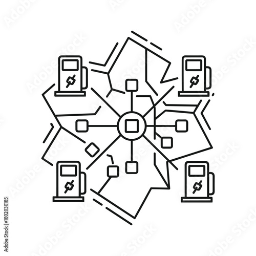 Line art illustration of a decentralized network connecting multiple charging stations with a central hub