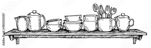 kitchen shelf with dishes sketch
