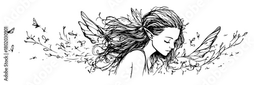 serene fairy woman with wings sketch