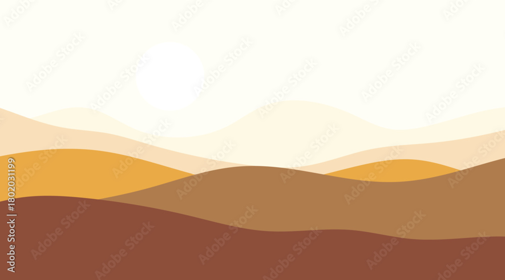 Obraz premium Abstract minimalist landscape illustration featuring rolling hills in warm, earthy colors with a bright sun, perfect for backgrounds, posters, and designs
