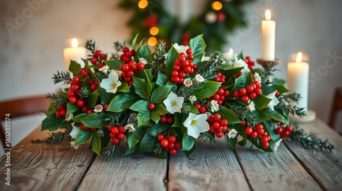 Holly and berry Christmas centerpiece arranged on a rustic wooden table