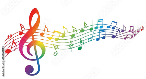 Vibrant rainbow colored music notes flowing across a wavy staff