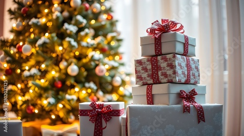 Snow-dusted Christmas presents stacked beside a glowing tree