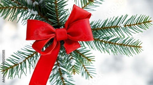 Classic red Christmas bow tied onto a snowy evergreen branch