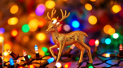 Golden reindeer figurine surrounded by sparkling Christmas lights