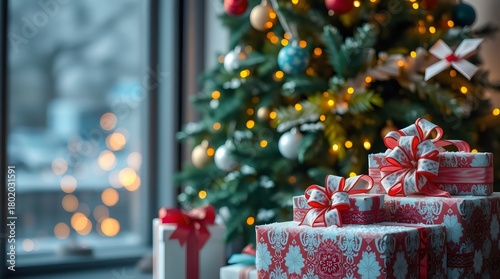 Snow-dusted Christmas presents stacked beside a glowing tree