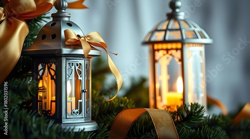 Christmas lantern glowing warmly beside a pine garland and golden ribbon