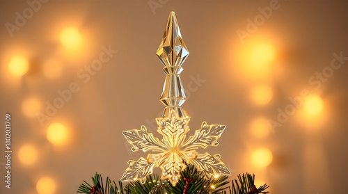 Crystal Christmas tree topper glowing under warm lights