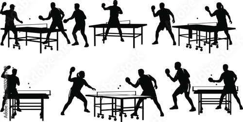 Silhouette vector illustration of table tennis players in action—ping pong gameplay poses for sports, fitness, recreation, training, and competition reference