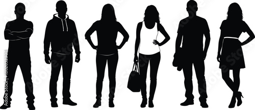 20-Word Title: Collection of people silhouettes, group of young men and women standing in casual clothes, one person in white, isolated vector.
