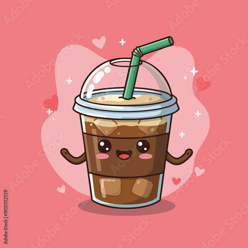 Cute smiling iced coffee cup character with a green straw on a pink background featuring hearts and sparkles 