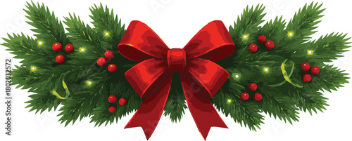 Pine Sprigs Centerpiece with Red Bow, Berries, and Gold Ribbon