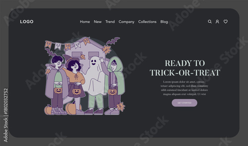 Halloween Trick-or-Treat Scene with Kids in Costumes