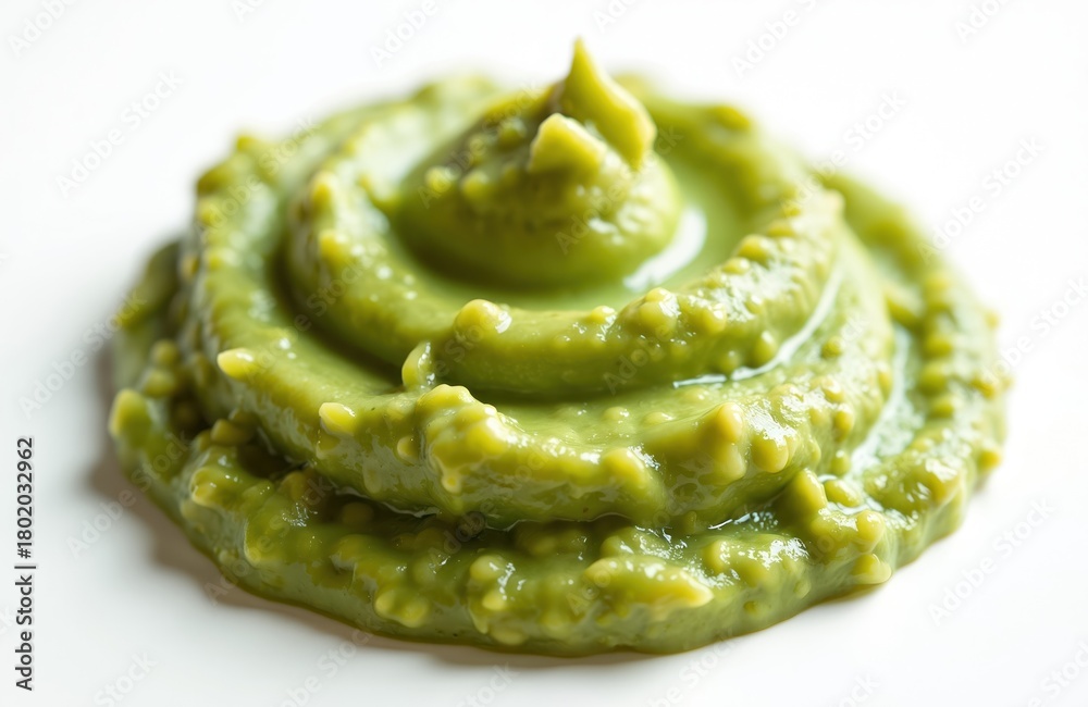 Obraz premium Creamy green avocado dip swirled on white plate. This fresh spread is ideal for snacks, meals, and Mexican cuisine. Its smooth texture and vibrant color make it appealing.