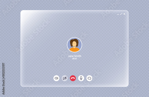 Video call screen with liquid glass frame. White light board with call interface for web and tablet or pad. Sound, mic, video and message icons and avatar. Messenger app mockup, vector illustration.