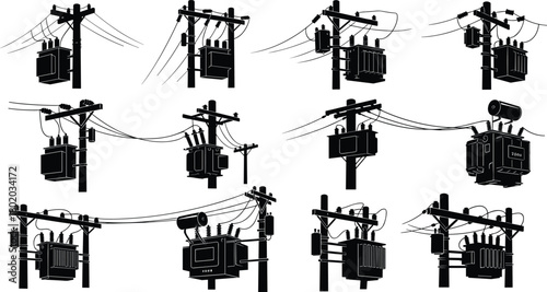 Silhouette vector illustration of utility poles with mounted electrical transformers—power distribution infrastructure layout for engineering, planning, technical reference, and grid design