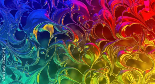 Vibrant abstract background featuring intricate, glossy swirls in a rainbow color gradient.