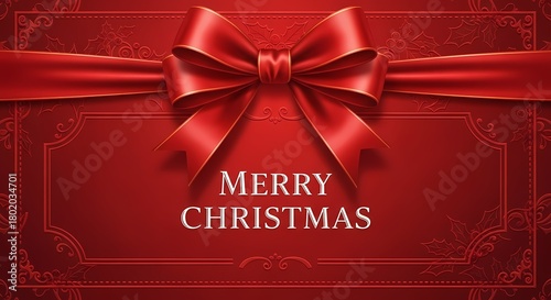 Red Christmas card with a large bow and 'Merry Christmas' text on a decorative background