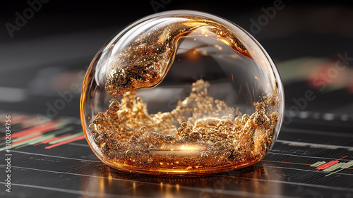 Golden bubble floats above stock chart, symbolizing market potential