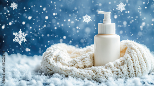 Moisturizing lotion bottle mock up on cozy knitted plaid surrounded by snowflakes, winter skincare cosmetics promotion, beauty product advertising, holiday season marketing, cosmetic industry