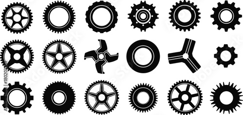 Collection of various black silhouette gears and mechanical components on a white background