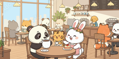 Joyful Gathering of Adorable Animal Friends Sharing Coffee, Laughter, and Sweet Moments Inside a Cozy Café