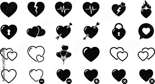 Collection of hand drawn heart icons representing love and relationships in various styles