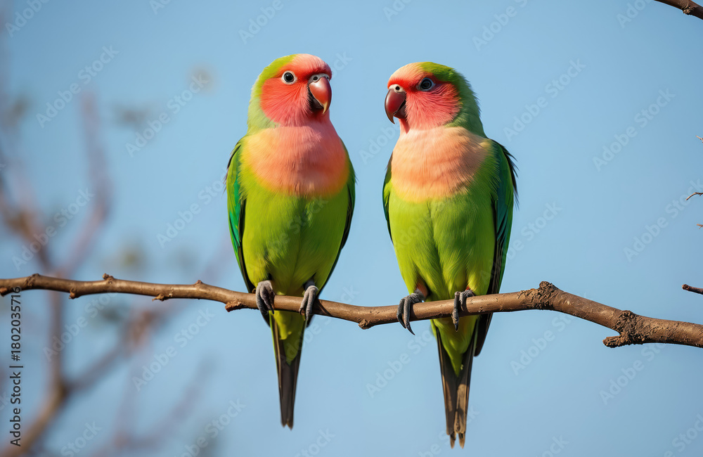 Obraz premium Two rosy faced lovebirds perch on branch against clear blue sky. Small colorful parrots native to arid regions of Africa. Vibrant plumage includes green bodies with pinkish orange chests.