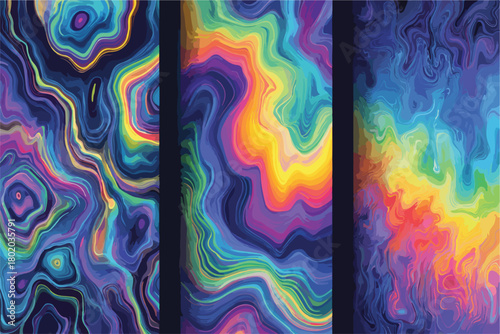鮮やかな色彩と流れるような模様が特徴的な抽象的なベクターアートの背景デザイン3点セット
